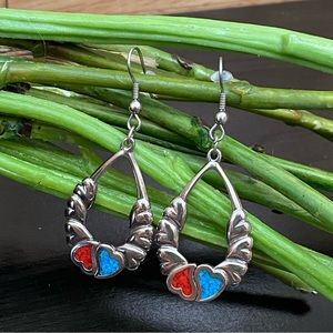 Vintage Signed Yin Yang Hearts Turquoise & Coral Inlay Silver Drop Earrings